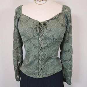 Lace Up Long Sleeve Blouse Floral Green‎ Top Cottagecore Renaissance M